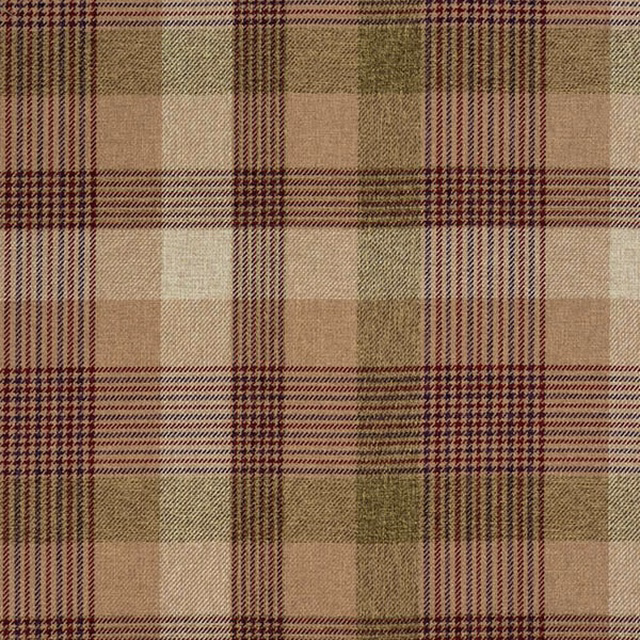 Large beige plaid fabric with burgundy stripes and muted green accents