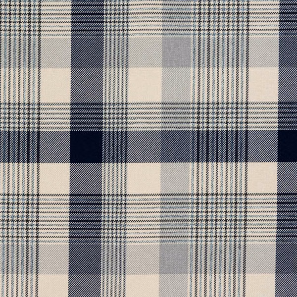 Navy, ivory and pale blue checked fabric with a fine woven texture