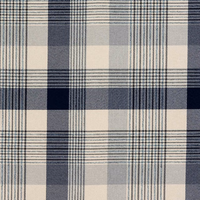 Navy, ivory and pale blue checked fabric with a fine woven texture
