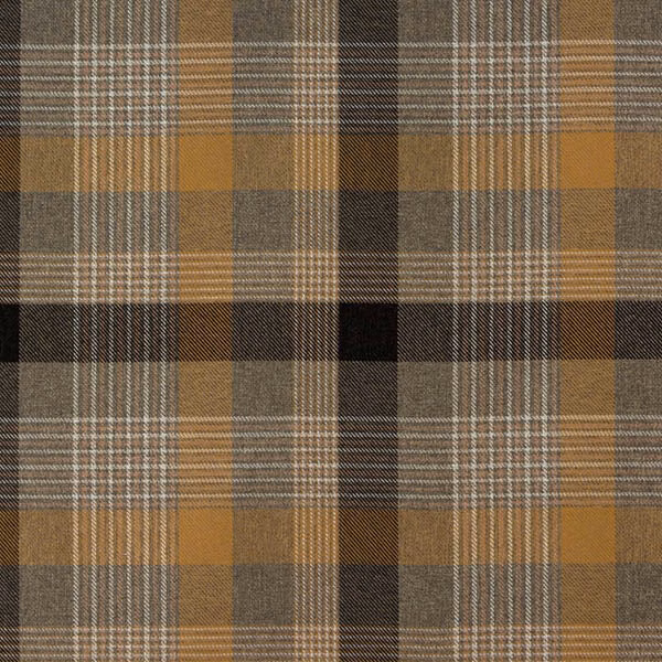 Plaid woven fabric in mossy gold, taupe, charcoal and brown checks