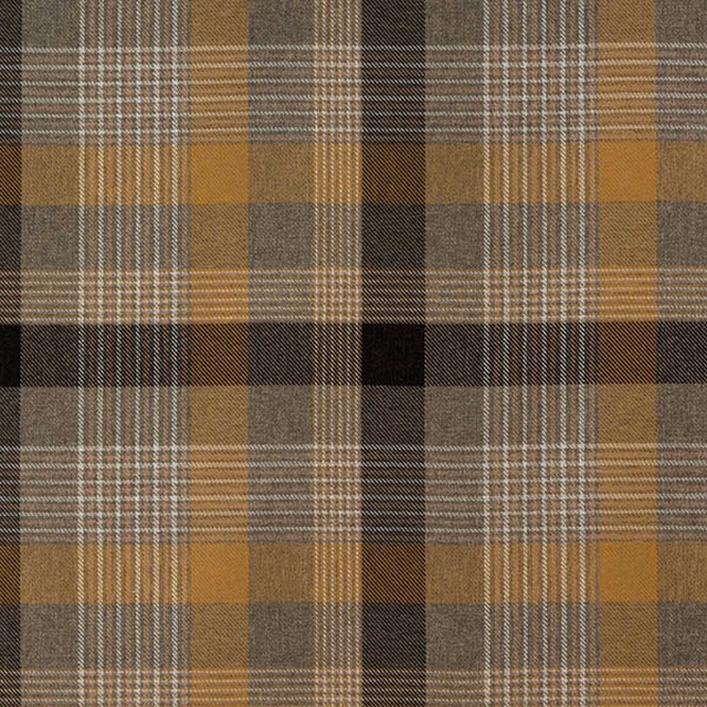 Plaid woven fabric in mossy gold, taupe, charcoal and brown checks