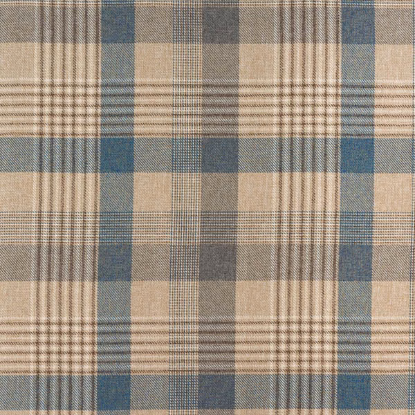 Large ocean blue and beige checked fabric with fine taupe stripes