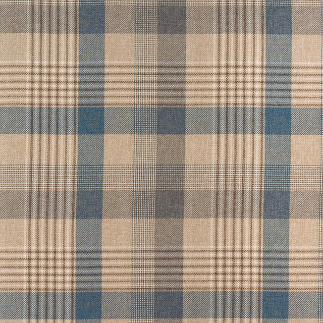 Large ocean blue and beige checked fabric with fine taupe stripes