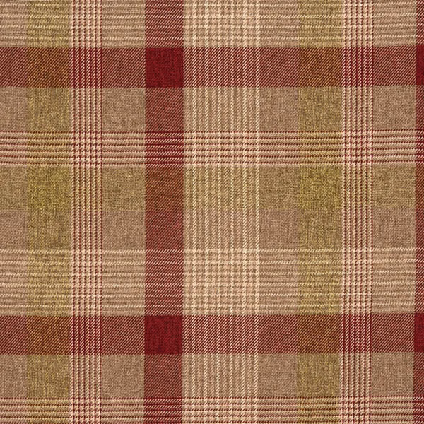 Sage and beige tartan fabric swatch with burgundy checks and woven texture