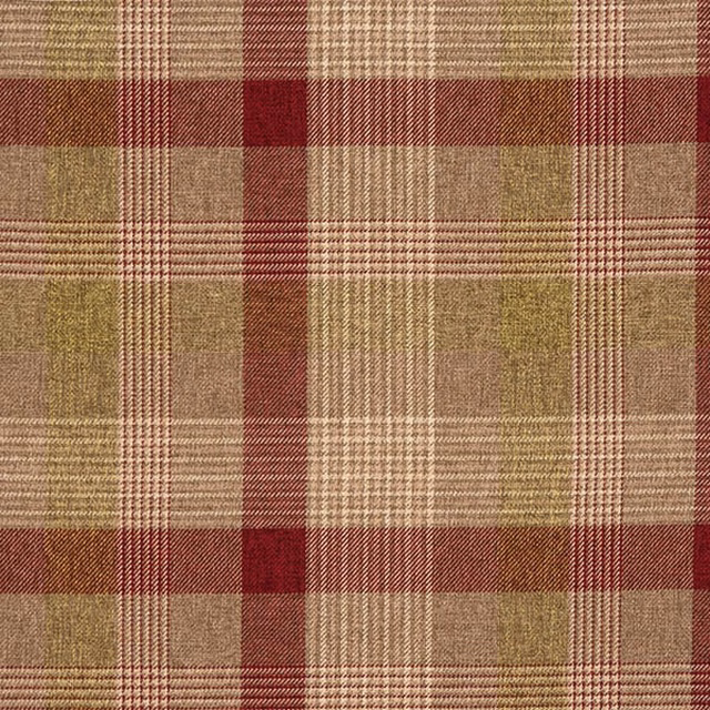 Sage and beige tartan fabric swatch with burgundy checks and woven texture