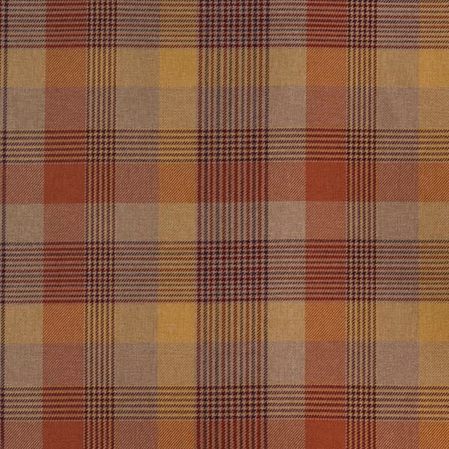 Warm terracotta and beige checked fabric swatch with fine woven plaid lines