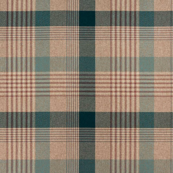 Teal and beige checked woven fabric with muted rose stripes