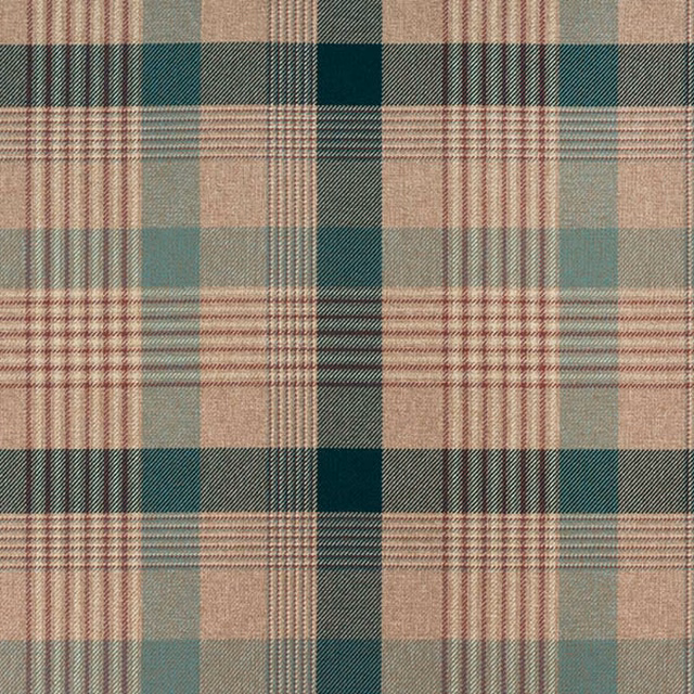 Teal and beige checked woven fabric with muted rose stripes