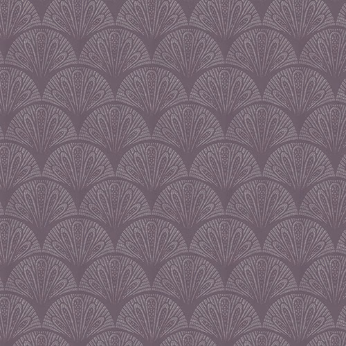 Heather plum patterned fabric with fan motifs on a muted mauve ground