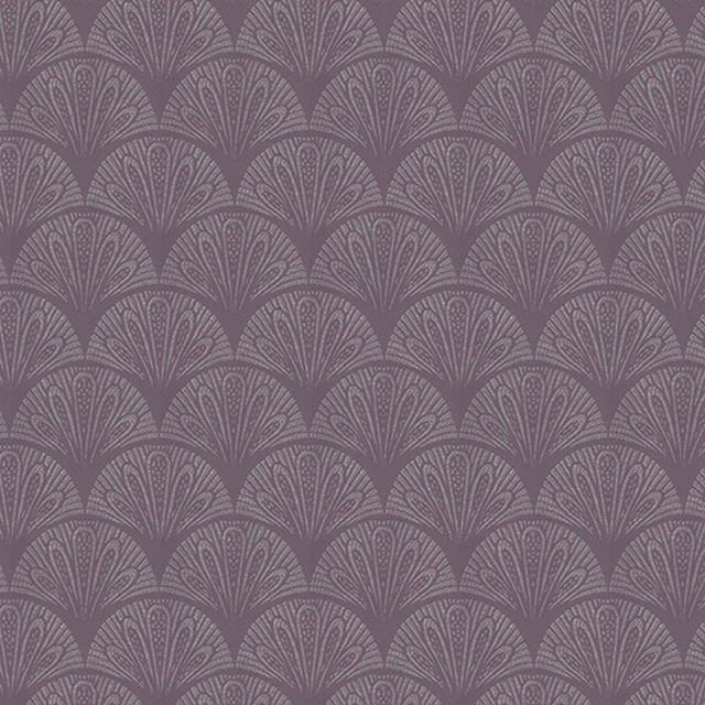 Heather plum patterned fabric with fan motifs on a muted mauve ground