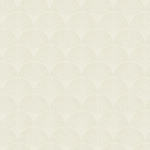 Ivory woven fabric with repeating fan motif and subtle textured finish