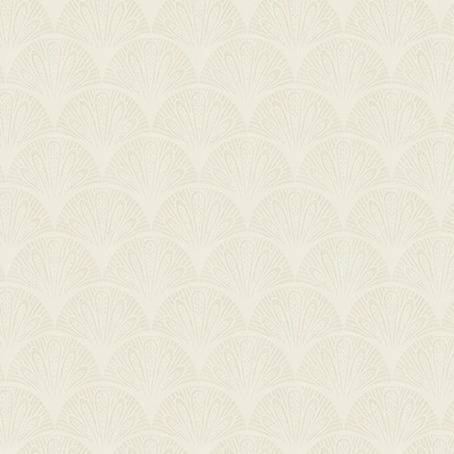 Ivory woven fabric with repeating fan motif and subtle textured finish
