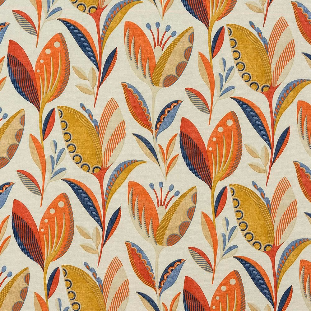 Stylised botanical fabric with burnt orange, navy, ochre and coral leaf motifs on an ivory ground