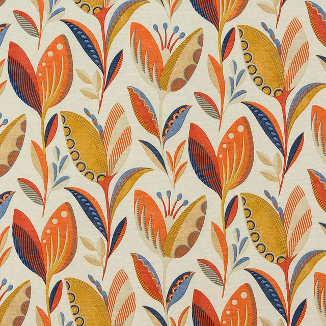 Stylised botanical fabric with burnt orange, navy, ochre and coral leaf motifs on an ivory ground