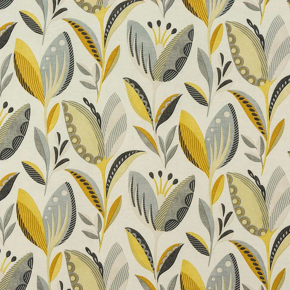 Botanical cotton fabric with ochre, grey and cream feathered leaf motifs