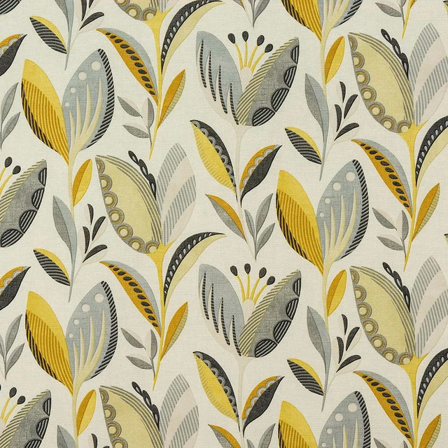 Botanical cotton fabric with ochre, grey and cream feathered leaf motifs