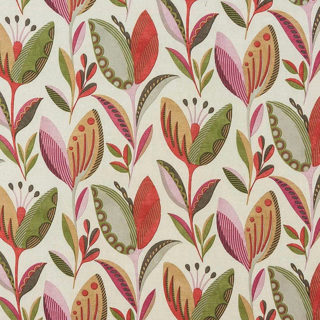 Colourful botanical cotton fabric with pomegranate red, sage, blush and ochre leaf motifs