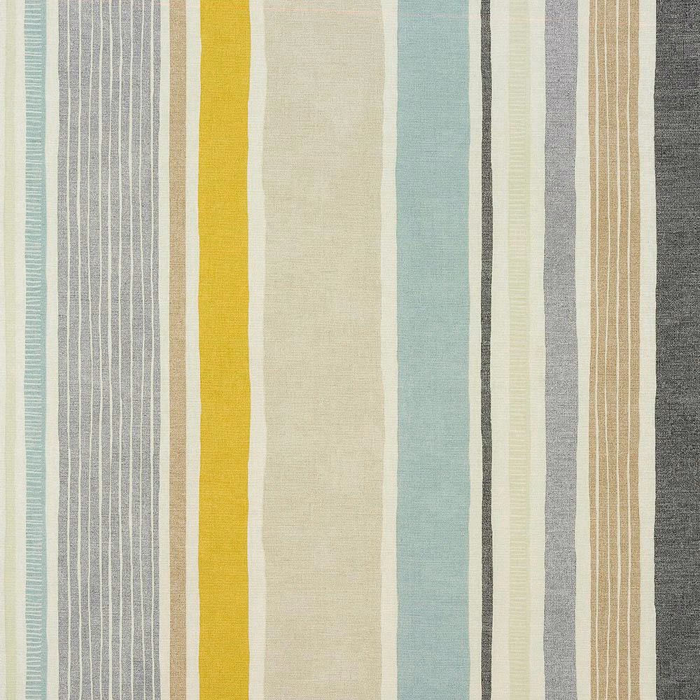 Vertical striped fabric swatch with bright ochre, cream, pale aqua and grey bands