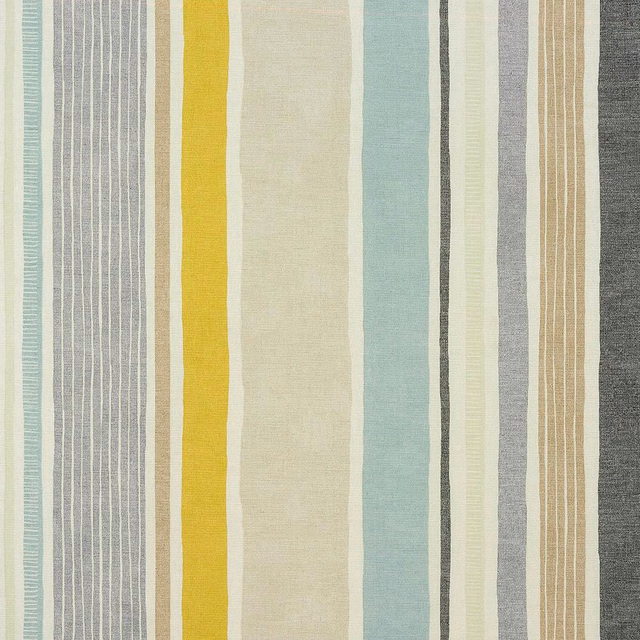 Vertical striped fabric swatch with bright ochre, cream, pale aqua and grey bands