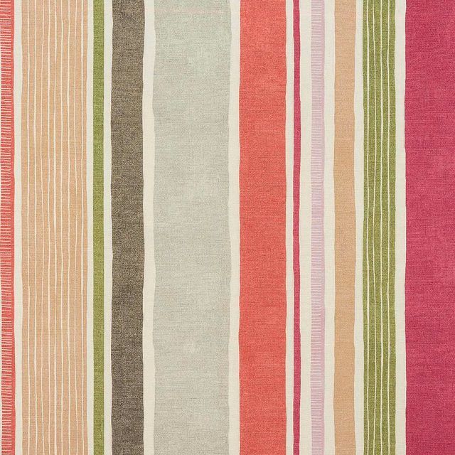 Vertical multicolour stripes in coral, magenta, olive and soft neutral cotton