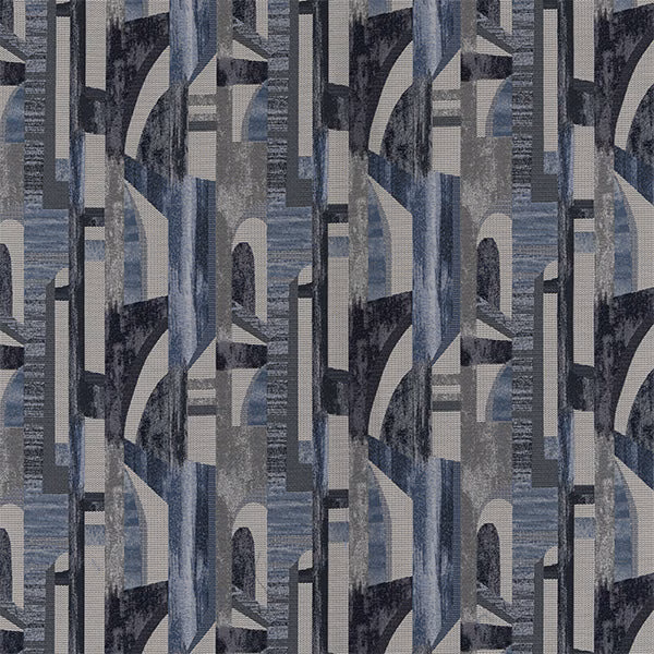 Blue-grey and charcoal geometric fabric swatch with layered vertical motifs