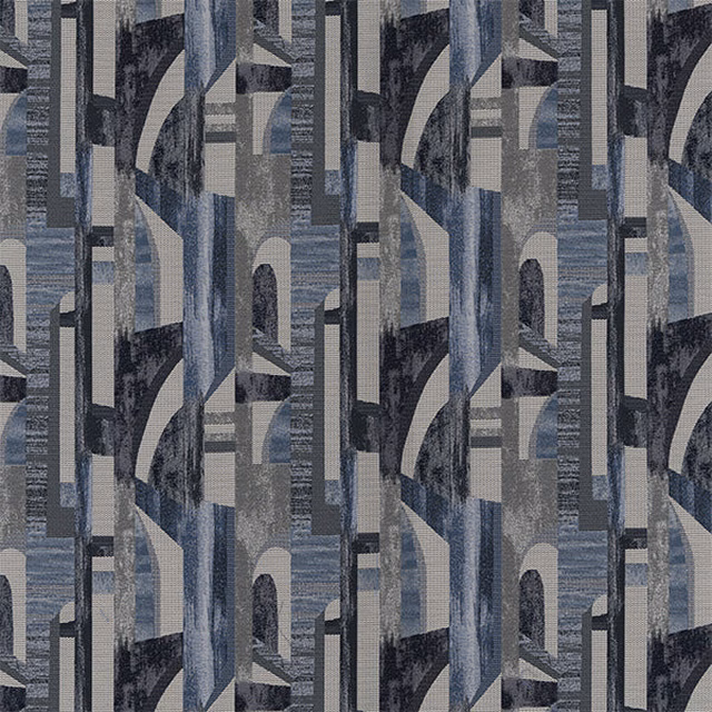 Blue-grey and charcoal geometric fabric swatch with layered vertical motifs