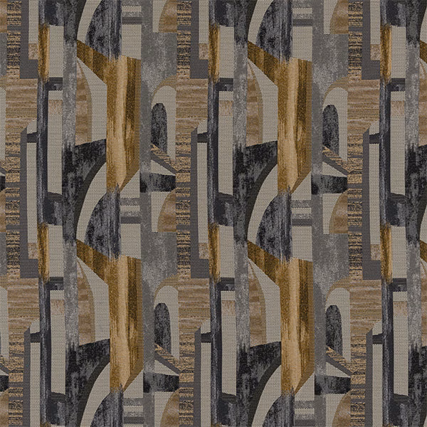 Ochre, charcoal and taupe geometric woven fabric with vertical bands and arcs