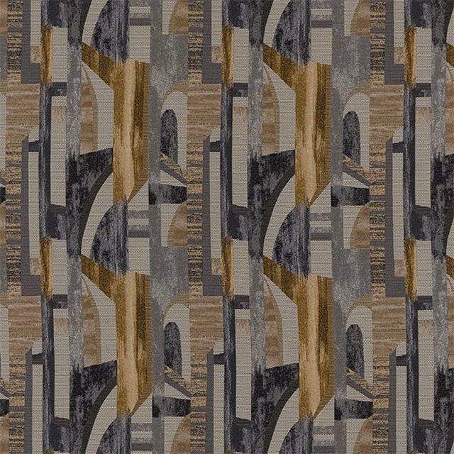 Ochre, charcoal and taupe geometric woven fabric with vertical bands and arcs