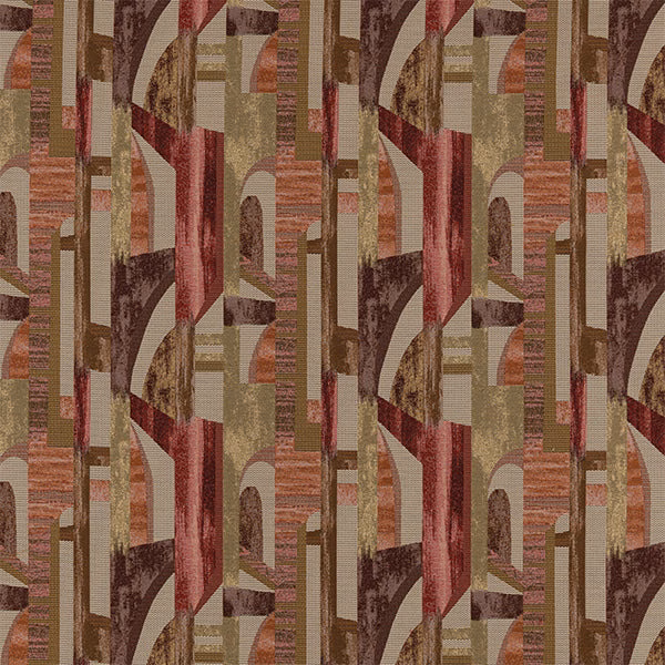 Geometric woven fabric swatch in muted brick red, olive, taupe and burgundy vertical forms