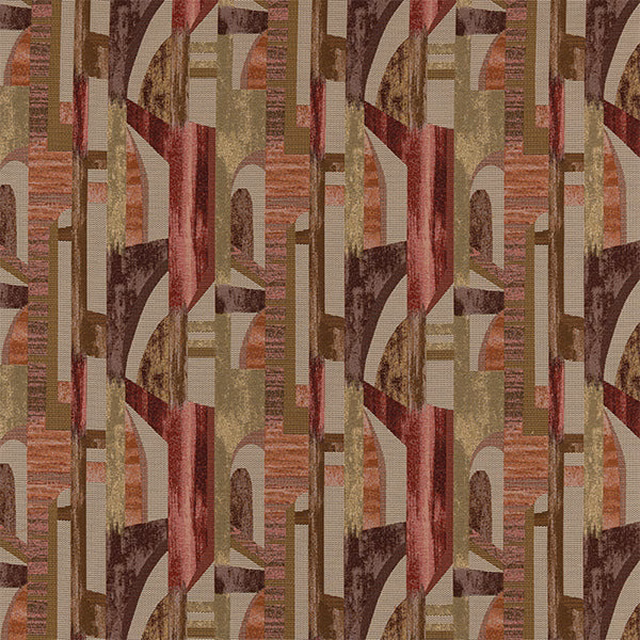 Geometric woven fabric swatch in muted brick red, olive, taupe and burgundy vertical forms