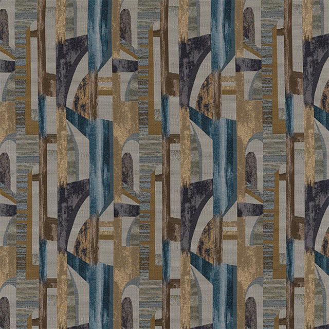 Abstract geometric fabric swatch in muted teal, gold, taupe and charcoal