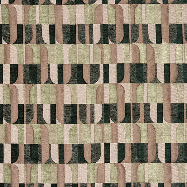 Geometric woven fabric swatch in emerald green, sage, taupe and cream