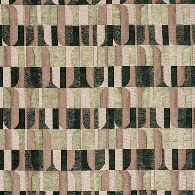 Geometric woven fabric swatch in emerald green, sage, taupe and cream