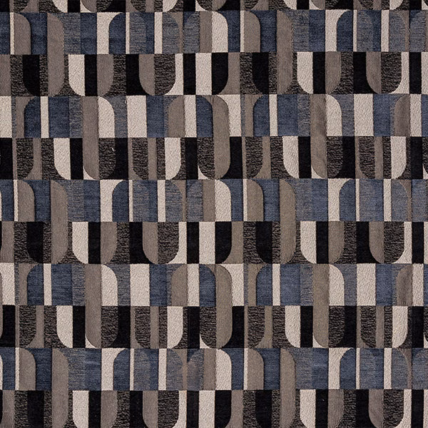 Geometric indigo, charcoal and stone woven upholstery fabric swatch