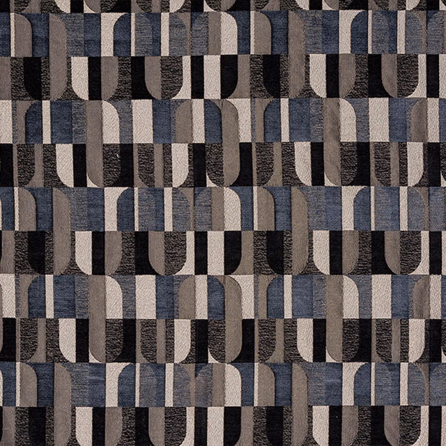 Geometric indigo, charcoal and stone woven upholstery fabric swatch