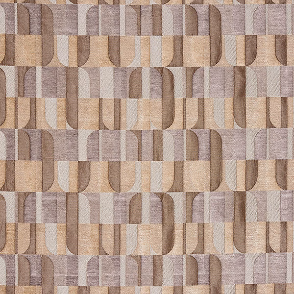 Close-up of a beige and taupe geometric woven fabric with subtle sheen