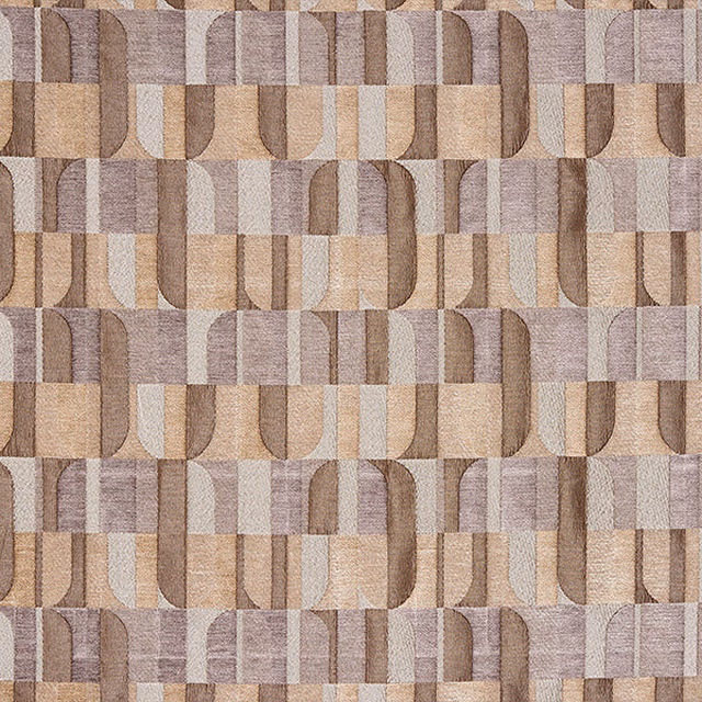 Close-up of a beige and taupe geometric woven fabric with subtle sheen