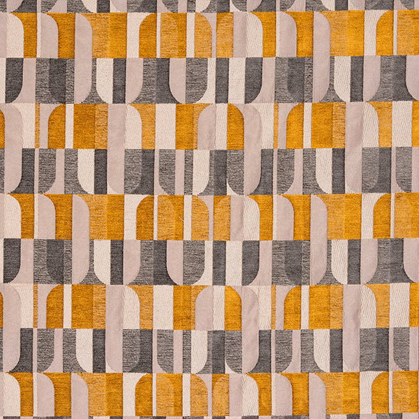 Geometric ochre, grey and beige woven fabric swatch with block repeat