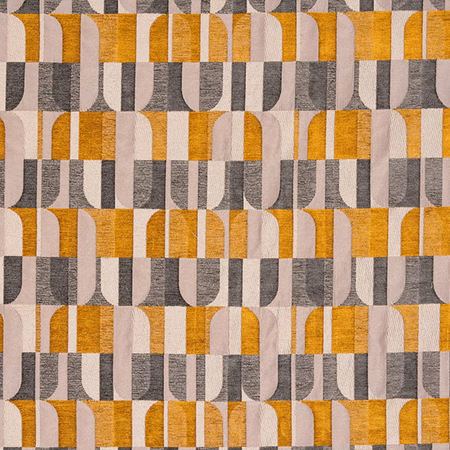 Geometric ochre, grey and beige woven fabric swatch with block repeat