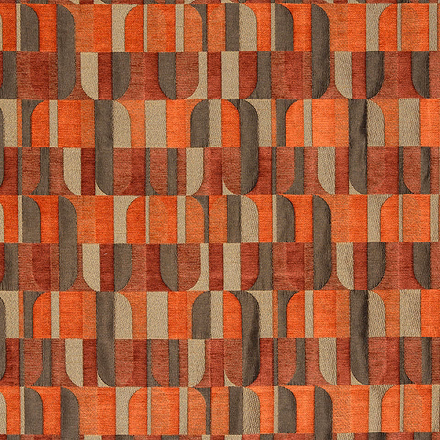 Geometric woven fabric in burnt orange, rust, taupe and brown blocks