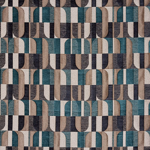 Geometric woven fabric with teal, taupe, cream and charcoal blocks