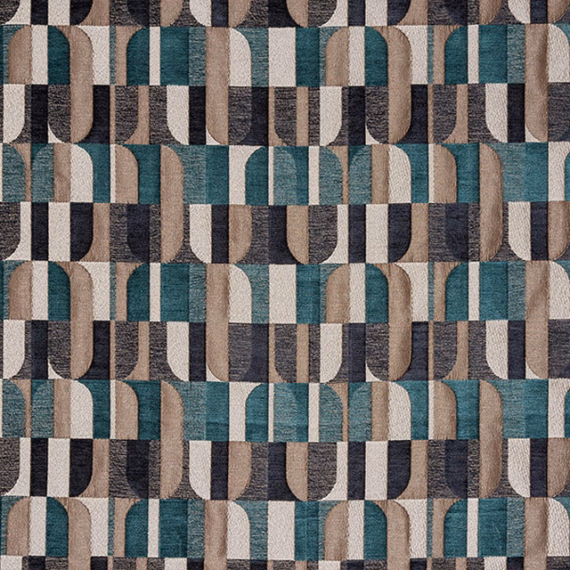 Geometric woven fabric with teal, taupe, cream and charcoal blocks
