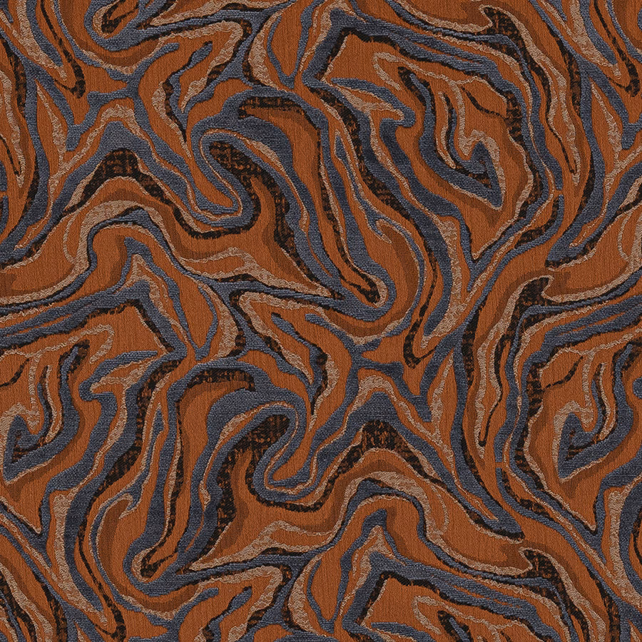 Abstract marbled fabric swatch in smoky copper, blue-grey and charcoal swirls