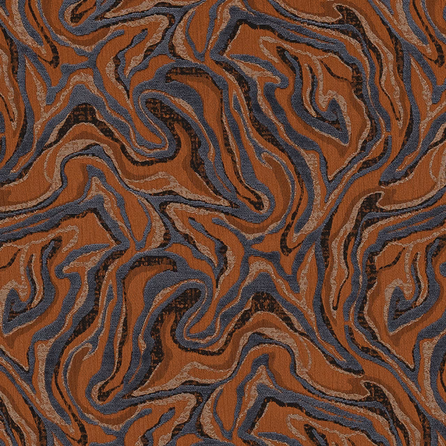 Abstract marbled fabric swatch in smoky copper, blue-grey and charcoal swirls