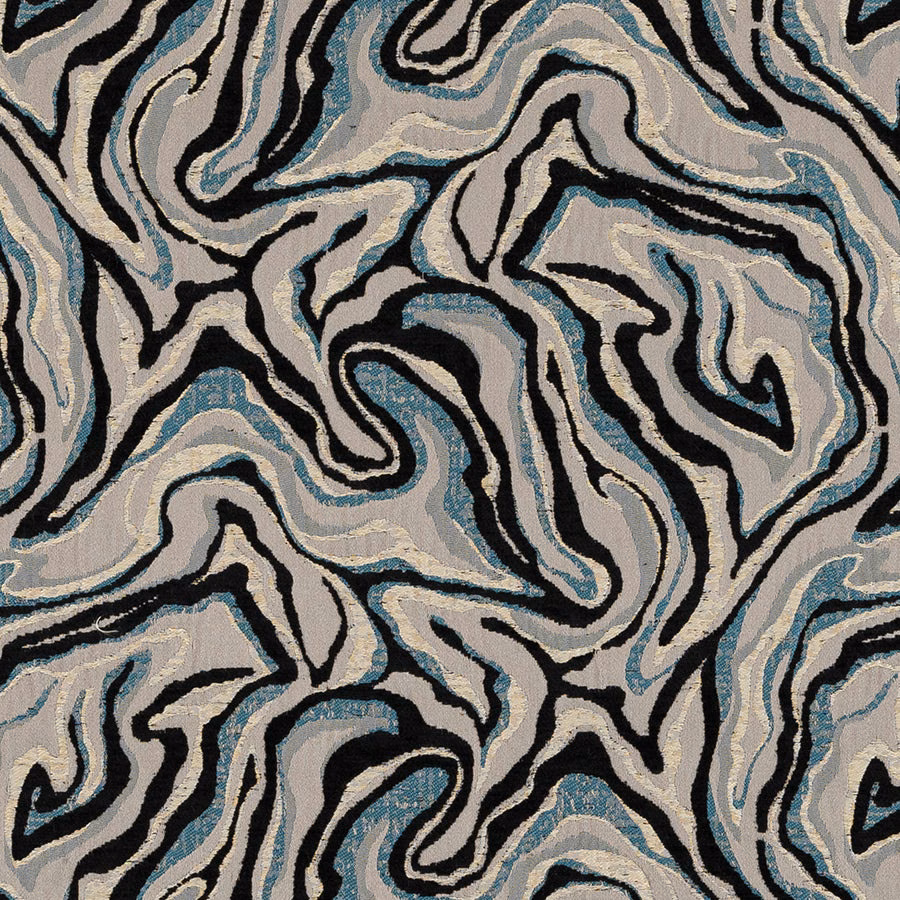 Abstract marbled fabric swatch in teal, grey, ivory and black with swirling lines