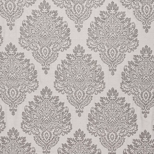 Charcoal grey damask pattern on an ivory textured fabric ground
