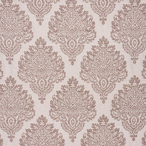 Large terracotta damask pattern on a pale neutral woven fabric