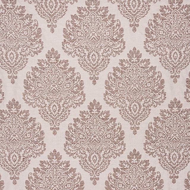 Large terracotta damask pattern on a pale neutral woven fabric