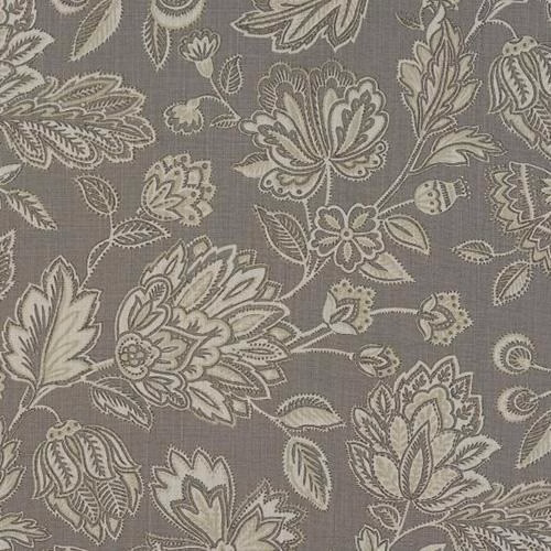 Grey cotton fabric swatch with a large-scale floral print in soft ivory outlines