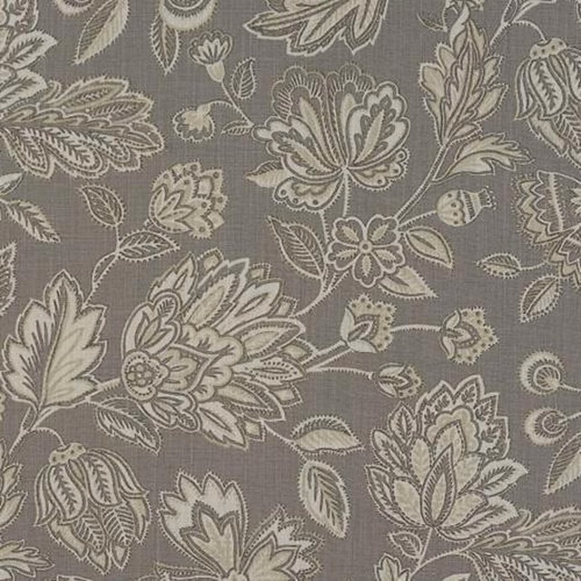 Grey cotton fabric swatch with a large-scale floral print in soft ivory outlines